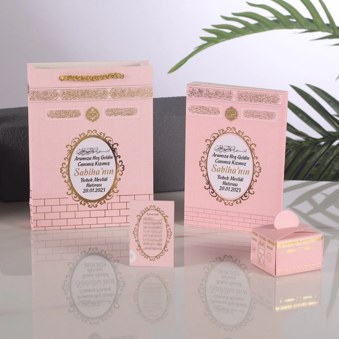 64 Sayfa Yaldız Kabe Pembe Yasin + Çanta + Lokumluk + Magnet