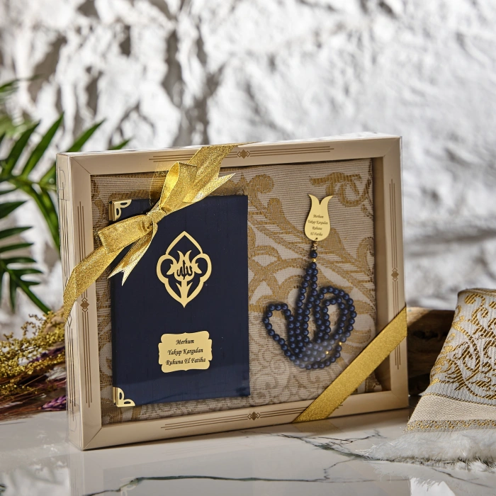 64 Sayfa Lacivert Şantuk Yasin + İnci Tesbih + Kutulu Seccade