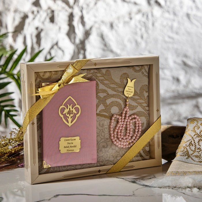 64 Sayfa Pembe Şantuk Yasin + İnci Tesbih + Kutulu Seccade