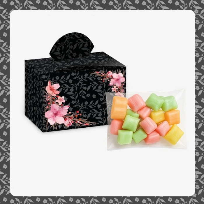 Çiçek Model Siyah Renkli Lokum Kutusu ve Mevlüt Şekeri