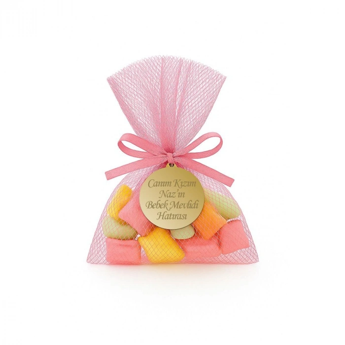 İsme Özel Pembe Renkli Tül Kese İçerisinde Mevlüt Şekeri