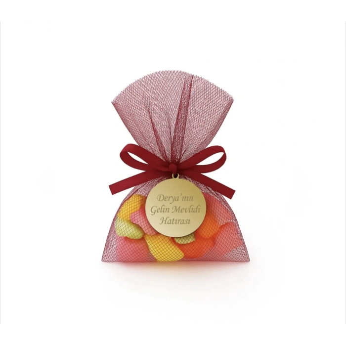 İsme Özel Bordo Renkli Tül Kese İçerisinde Mevlüt Şekeri