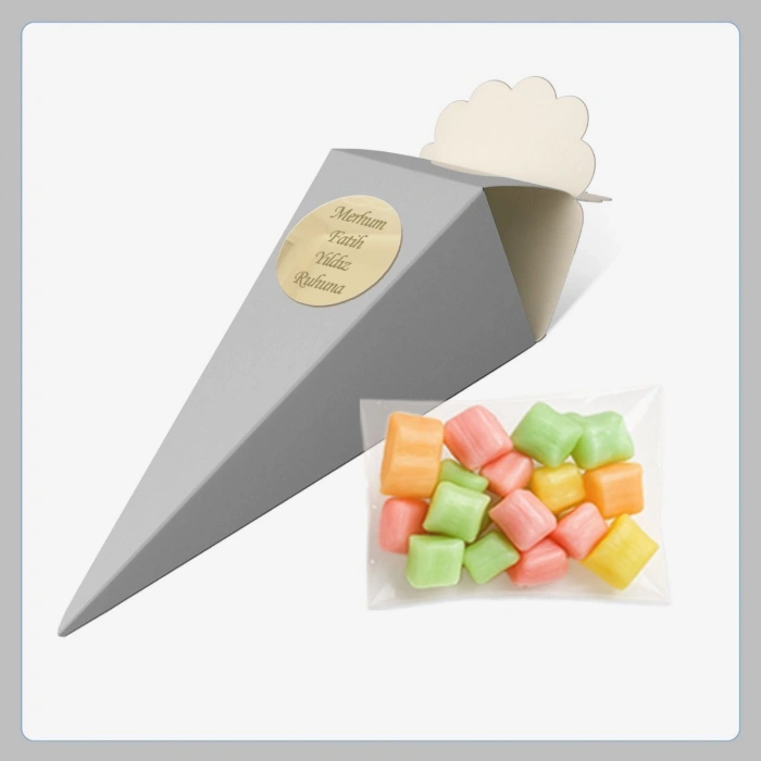 Gri Renkli İsme Özel Külah İçerisinde Mevlüt Şekeri