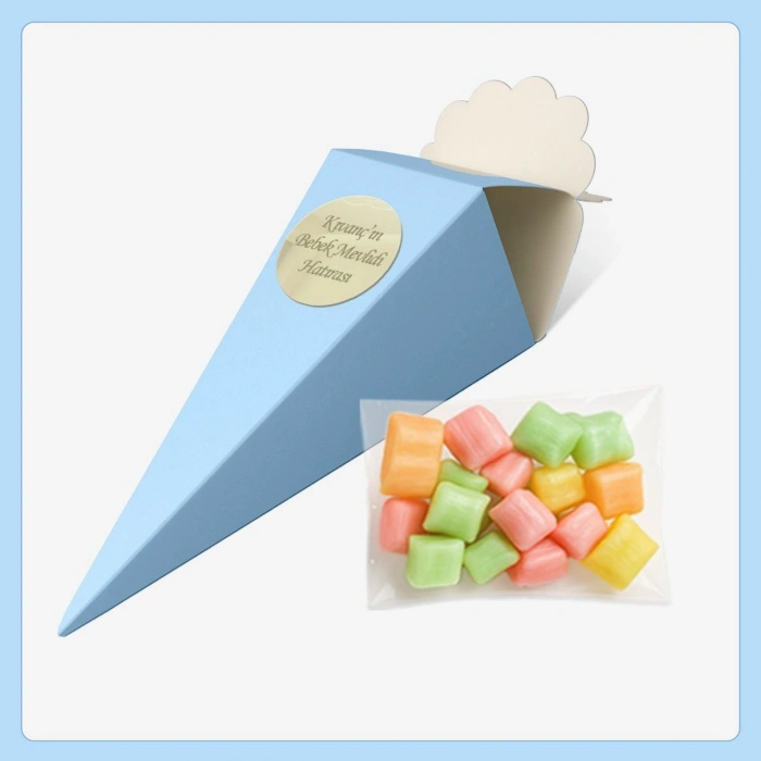 Mavi Renkli İsme Özel Külah İçerisinde Mevlüt Şekeri