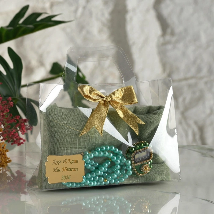 Asetat Çanta İçerisinde İsme Özel Su Yeşili Renkli Eşarp, Tesbih ve Zikirmatik Seti