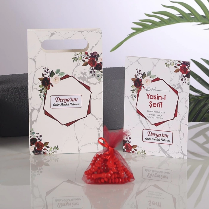 Altıgen Kırmızı Yasin + Çanta + Keseli Tesbih