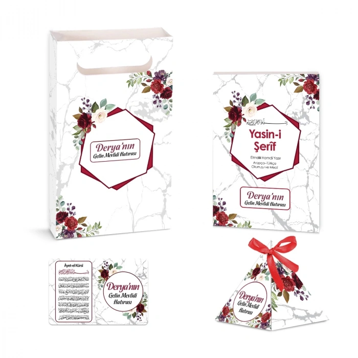 Altıgen Model Kırmızı Renkli Yasin Kitabı, Piramit Külah, Ayet-el Kürsi Magnet, Karton Çanta
