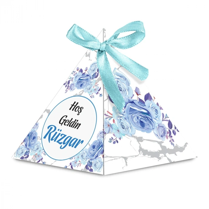 Altıgen Model Mavi Renkli Mevlüt Şekeri İçin İsme Özel Piramit Külah