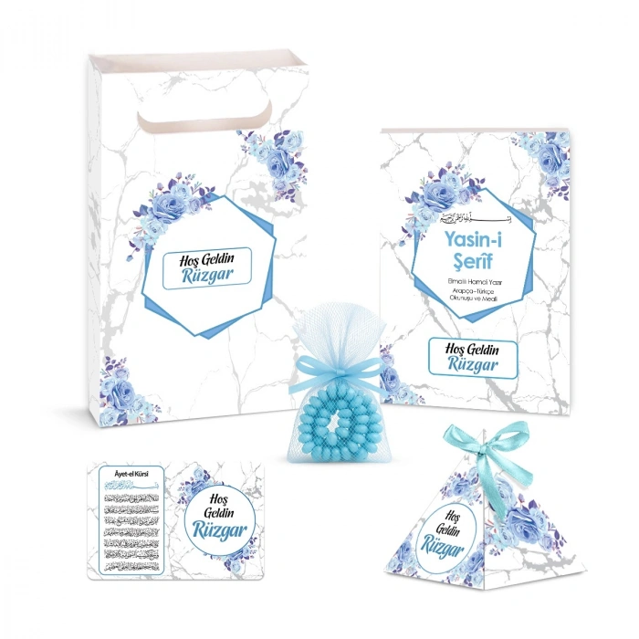 Altıgen Model Mavi Renkli Yasin Kitabı, Piramit Külah, Ayet-el Kürsi Magnet, Karton Çanta ve Tesbih