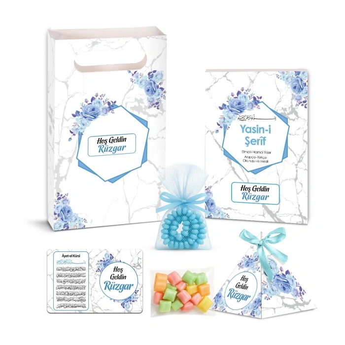Altıgen Model Mavi Renkli Yasin Kitabı, Piramit Külah, Mevlüt Şekeri, Ayet-el Kürsi Magnet, Karton Çanta ve Tesbih