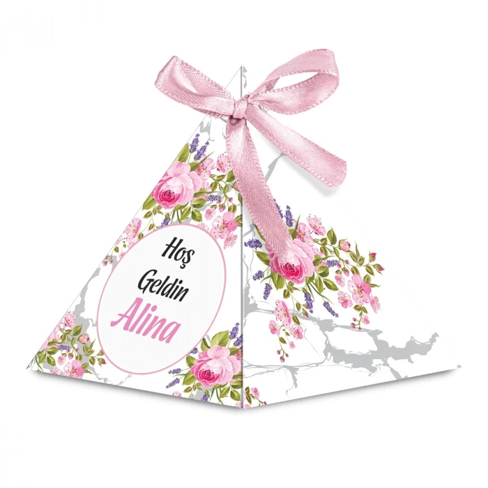 Altıgen Model Pembe Renkli Mevlüt Şekeri İçin İsme Özel Piramit Külah