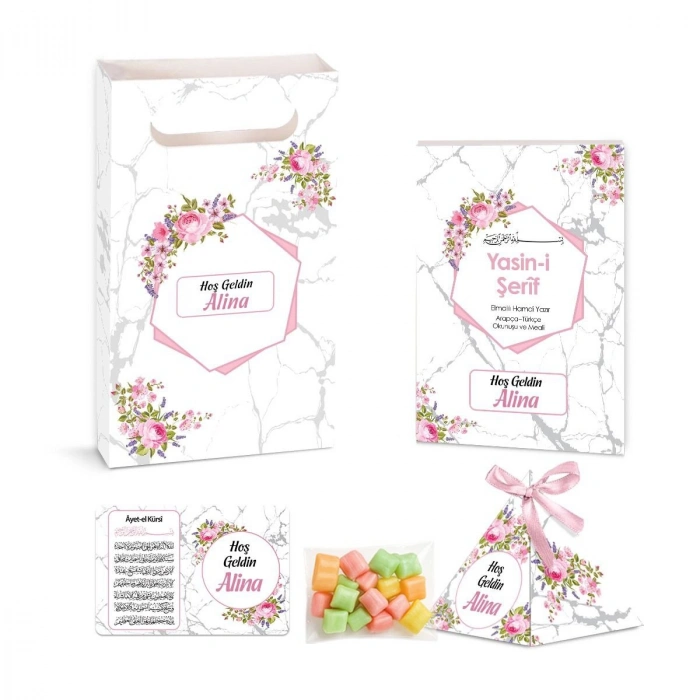 Altıgen Model Pembe Renkli Yasin Kitabı, Piramit Külah, Mevlüt Şekeri, Ayet-el Kürsi Magnet, Karton Çanta
