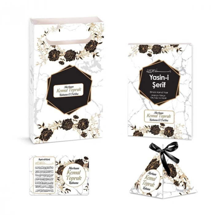 Altıgen Model Siyah Renkli Yasin Kitabı, Piramit Külah, Ayet-el Kürsi Magnet, Karton Çanta