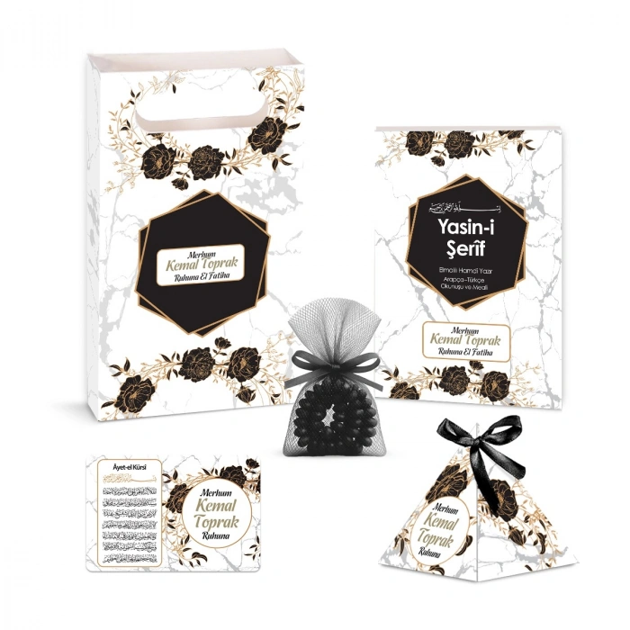 Altıgen Model Siyah Renkli Yasin Kitabı, Piramit Külah, Ayet-el Kürsi Magnet, Karton Çanta ve Tesbih