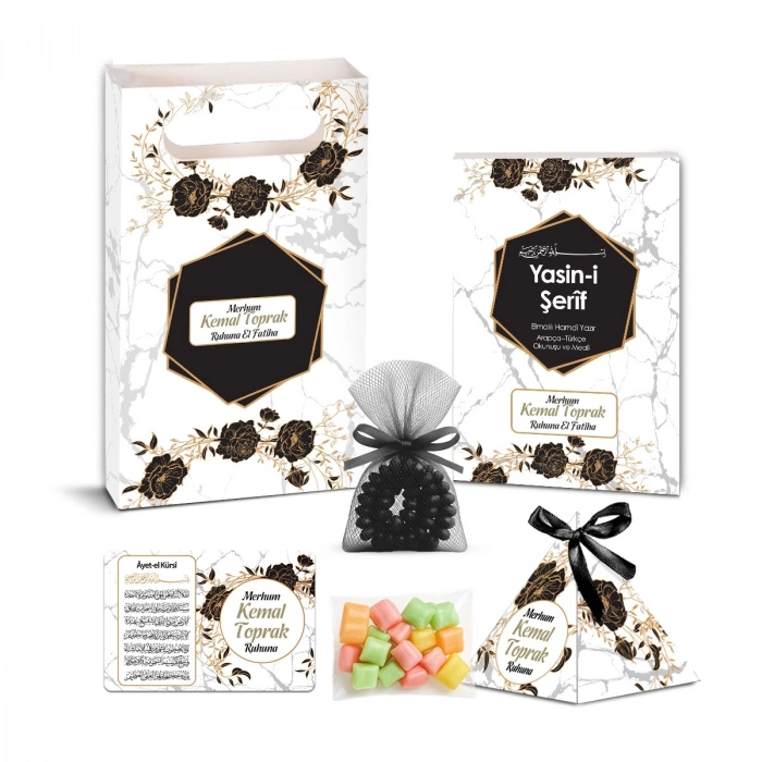 Altıgen Model Siyah Renkli Yasin Kitabı, Piramit Külah, Mevlüt Şekeri, Ayet-el Kürsi Magnet, Karton Çanta ve Tesbih