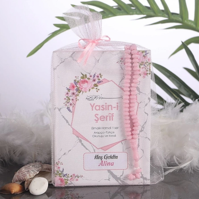 Altıgen Pembe Yasin + Tesbih + Tül Kese