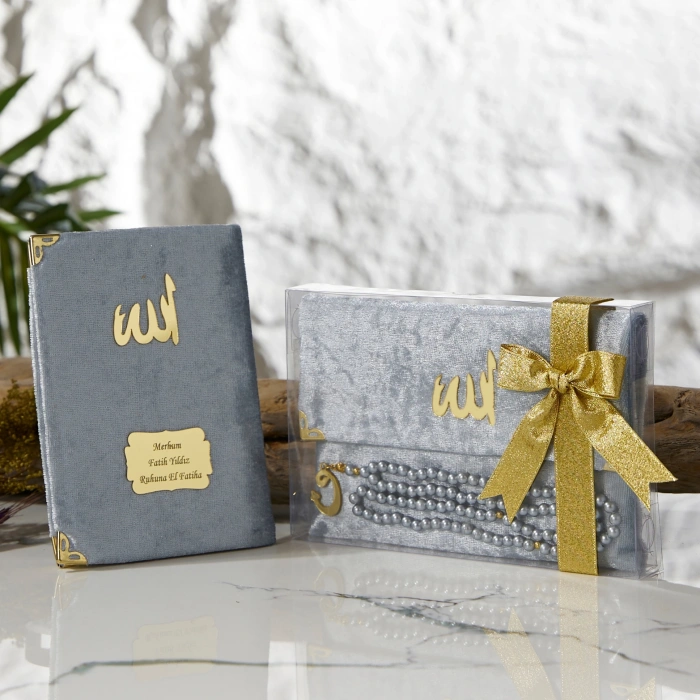 Asetat Kutuda Kadife Kumaş Kaplı Çanta + İnci Gri Renkli Kadife Yasin Kitabı Ve Tesbih Seti