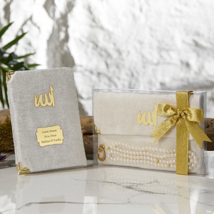 Asetat Kutuda Kadife Kumaş Kaplı Çanta + İnci Krem Renkli Kadife Yasin Kitabı Ve Tesbih Seti