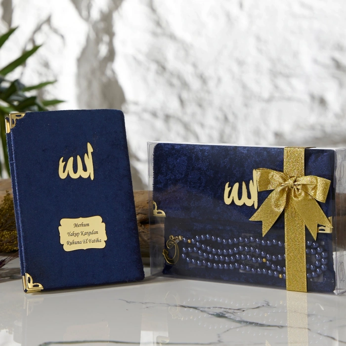 Asetat Kutuda Kadife Kumaş Kaplı Çanta + İnci Lacivert Renkli Kadife Yasin Kitabı Ve Tesbih Seti