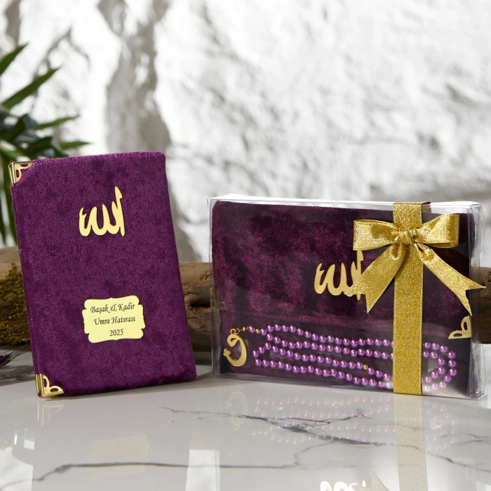 Asetat Kutuda Kadife Kumaş Kaplı Çanta + İnci Mor Renkli Kadife Yasin Kitabı Ve Tesbih Seti