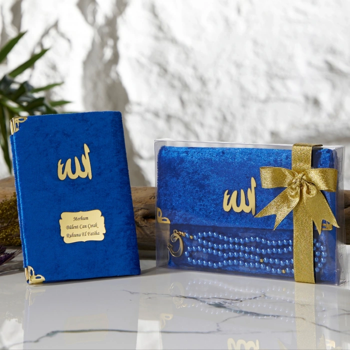 Asetat Kutuda Kadife Kumaş Kaplı Çanta + İnci Saks Mavi Renkli Kadife Yasin Kitabı Ve Tesbih Seti