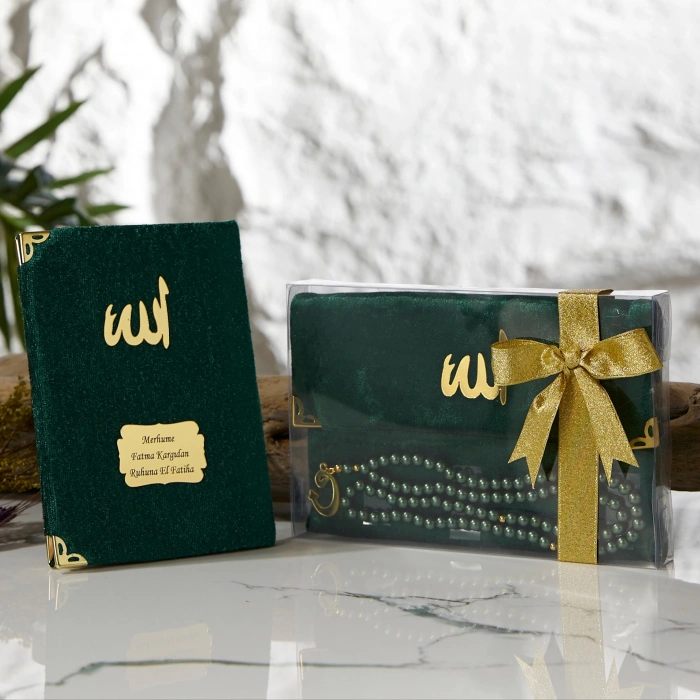 Asetat Kutuda Kadife Kumaş Kaplı Çanta + İnci Zümrüt Renkli Kadife Yasin Kitabı Ve Tesbih Seti