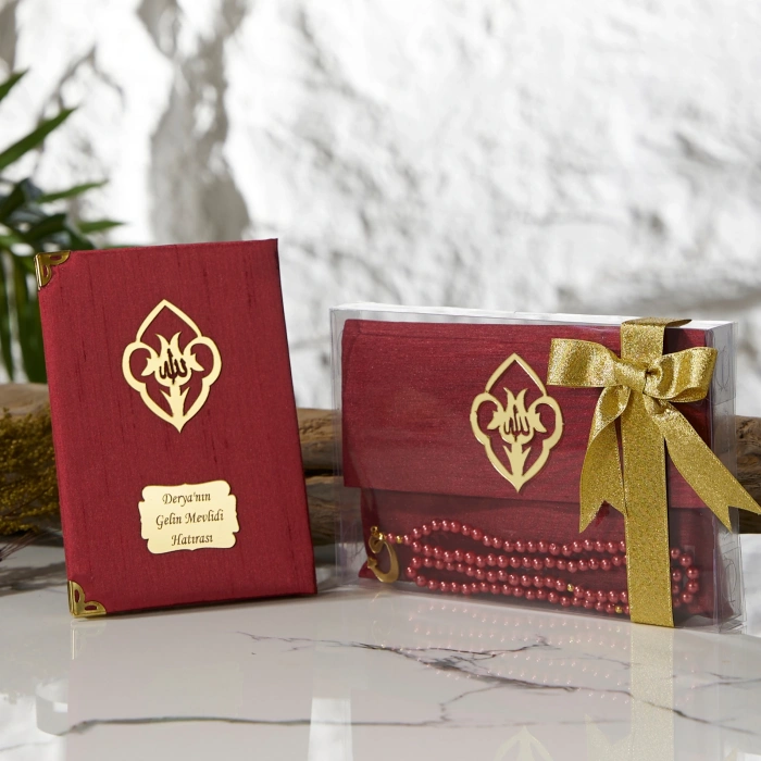 Asetat Kutuda Şantuk Kumaş Kaplı Çanta + İnci Tesbihli Bordo Renkli Şantuk Yasin Kitabı Seti