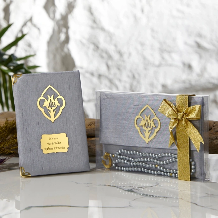 Asetat Kutuda Şantuk Kumaş Kaplı Çanta + İnci Tesbihli Gri Renkli Şantuk Yasin Kitabı Seti