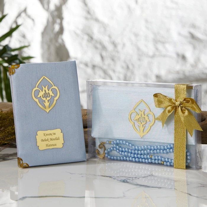 Asetat Kutuda Şantuk Kumaş Kaplı Çanta + İnci Tesbihli Mavi Renkli Şantuk Yasin Kitabı Seti