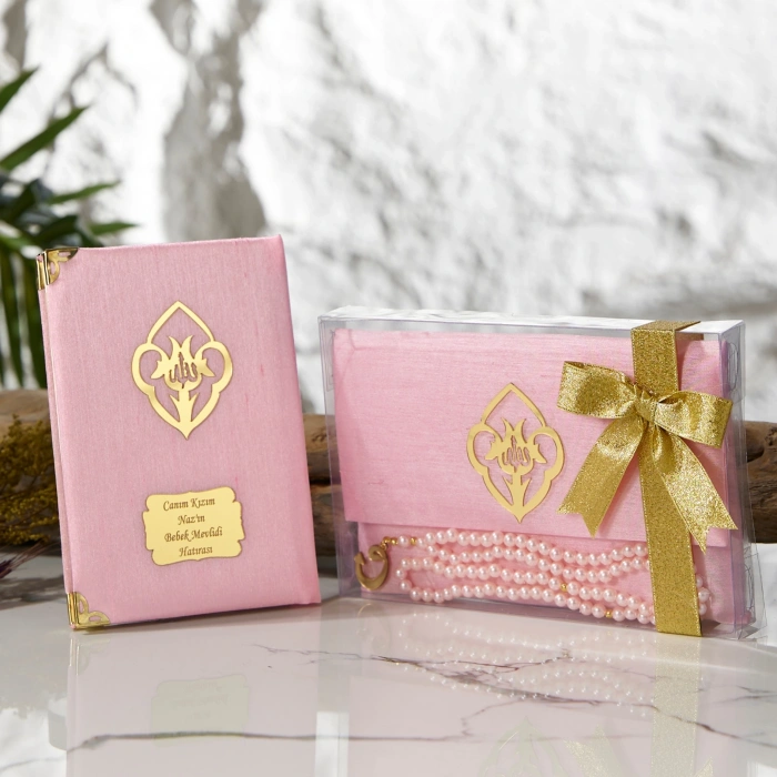 Asetat Kutuda Şantuk Kumaş Kaplı Çanta + İnci Tesbihli Pembe Renkli Şantuk Yasin Kitabı Seti