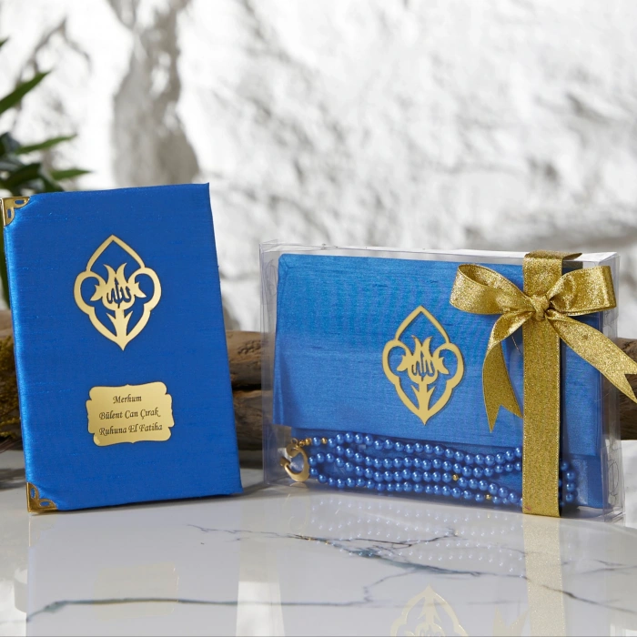 Asetat Kutuda Şantuk Kumaş Kaplı Çanta + İnci Tesbihli Saks Mavi Renkli Şantuk Yasin Kitabı Seti
