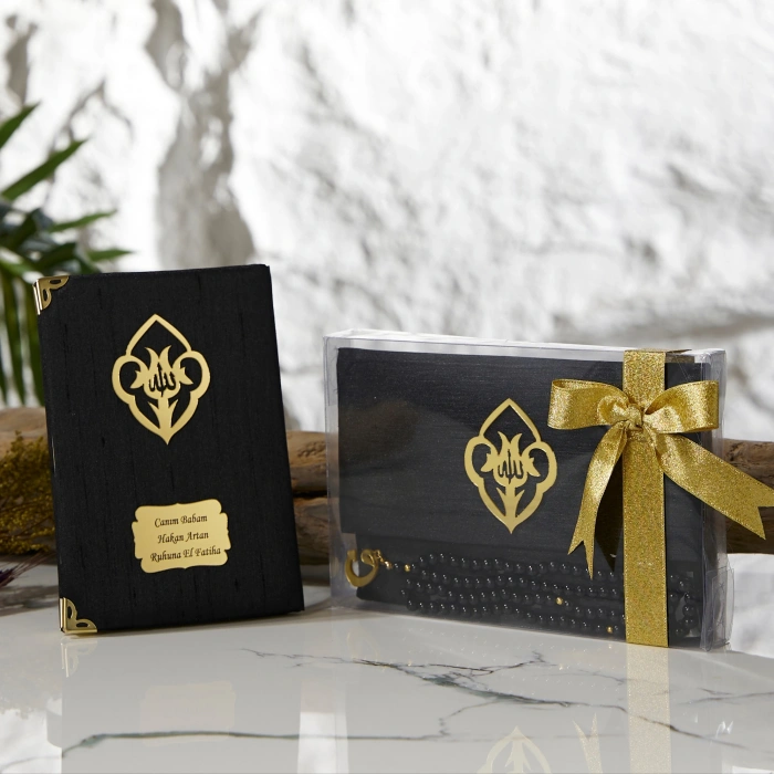 Asetat Kutuda Şantuk Kumaş Kaplı Çanta + İnci Tesbihli Siyah Renkli Şantuk Yasin Kitabı Seti