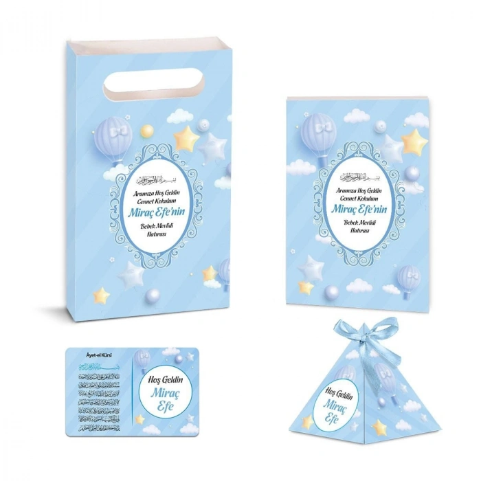 Balon Model Mavi Renkli Yasin Kitabı, Piramit Külah, Ayet-el Kürsi Magnet, Karton Çanta
