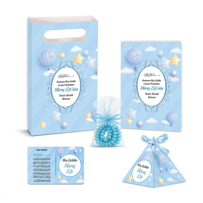 Balon Model Mavi Renkli Yasin Kitabı, Piramit Külah, Ayet-el Kürsi Magnet, Karton Çanta ve Tesbih