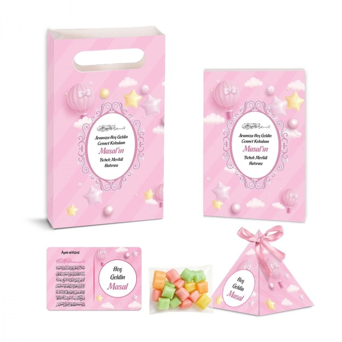 Balon Model Pembe Renkli Yasin Kitabı, Piramit Külah, Mevlüt Şekeri, Ayet-el Kürsi Magnet, Karton Çanta