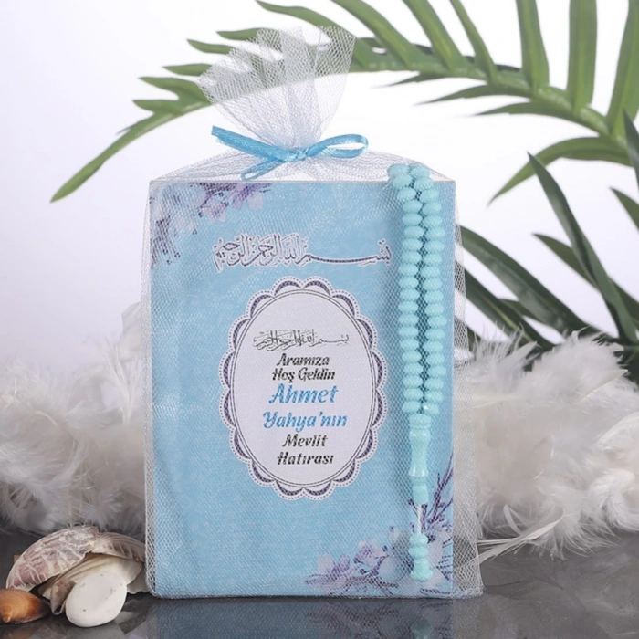Çiçek Mavi Tül Kese + Yasin + Tesbih