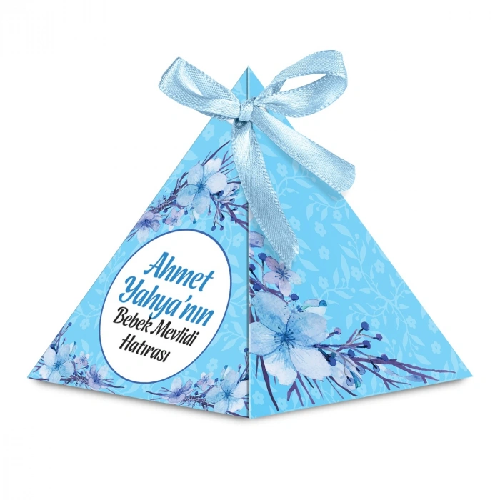 Çiçek Model Mavi Renkli Mevlüt Şekeri İçin İsme Özel Piramit Külah
