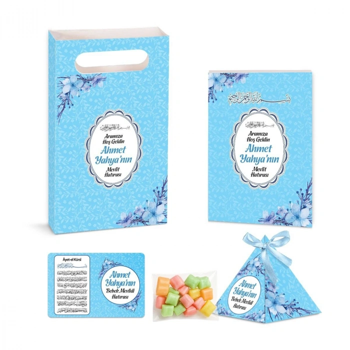 Çiçek Model Mavi Renkli Yasin Kitabı, Piramit Külah, Mevlüt Şekeri, Ayet-el Kürsi Magnet, Karton Çanta