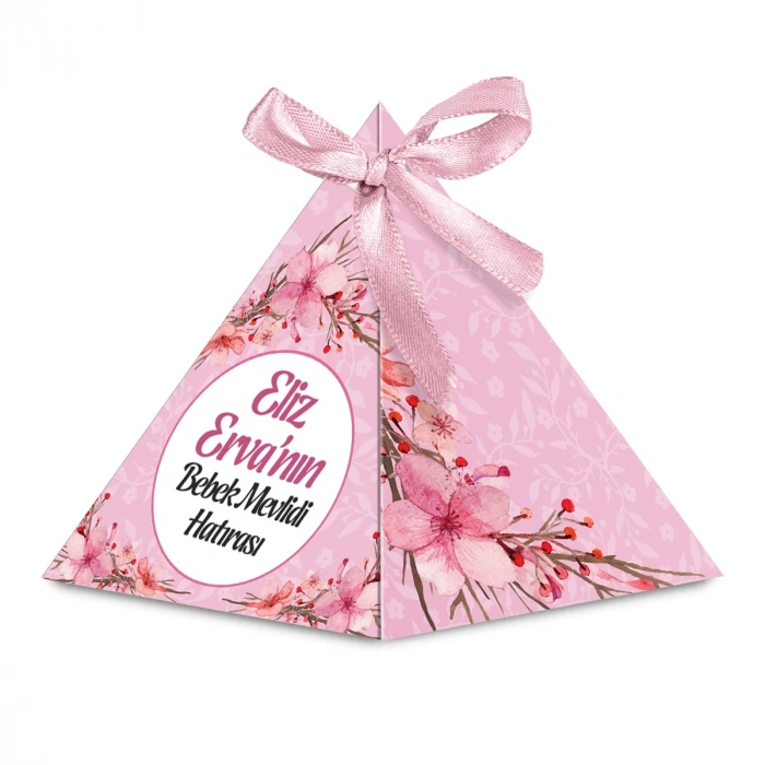 Çiçek Model Pembe Renkli Mevlüt Şekeri İçin İsme Özel Piramit Külah