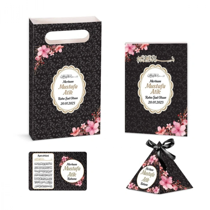 Çiçek Model Siyah Renkli Yasin Kitabı, Piramit Külah, Ayet-el Kürsi Magnet, Karton Çanta