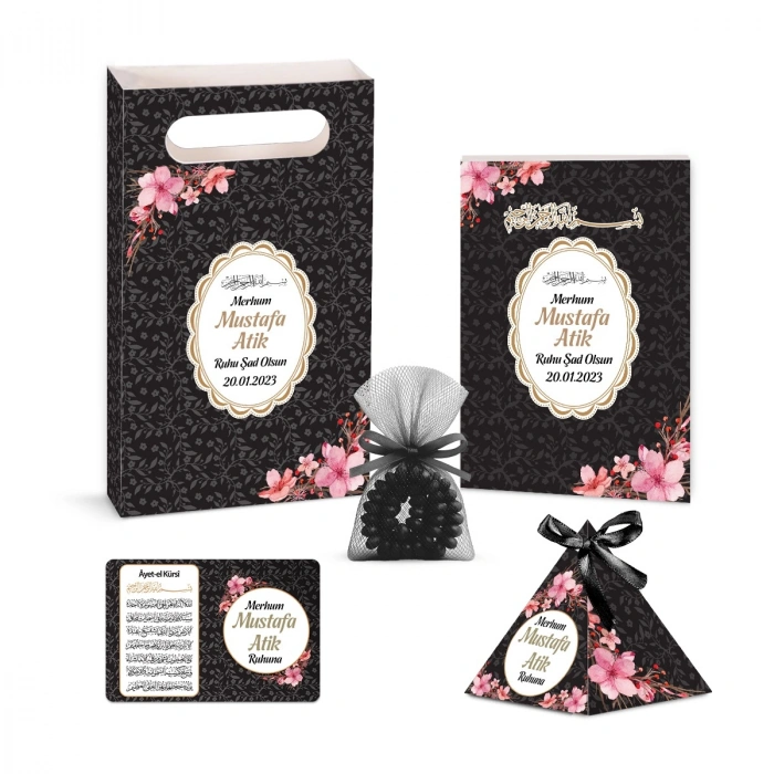 Çiçek Model Siyah Renkli Yasin Kitabı, Piramit Külah, Ayet-el Kürsi Magnet, Karton Çanta ve Tesbih