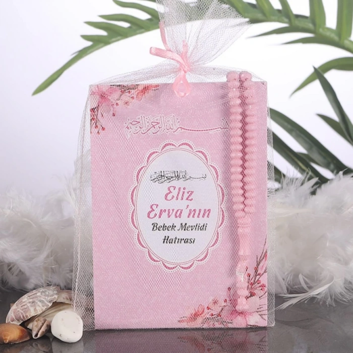 Çiçek Pembe Tül Kese + Yasin + Tesbih