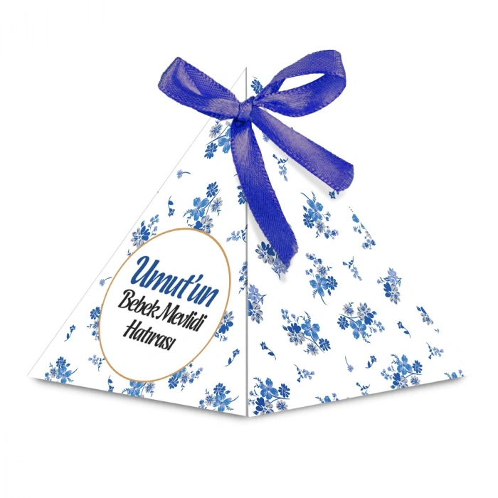 Çizgi Model Lacivert Renkli Mevlüt Şekeri İçin İsme Özel Piramit Külah