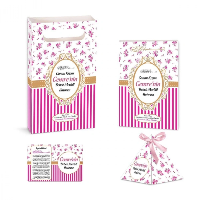 Çizgi Model Pembe Renkli Yasin Kitabı, Piramit Külah, Ayet-el Kürsi Magnet, Karton Çanta