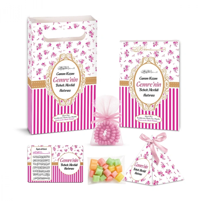 Çizgi Model Pembe Renkli Yasin Kitabı, Piramit Külah, Mevlüt Şekeri, Ayet-el Kürsi Magnet, Karton Çanta ve Tesbih