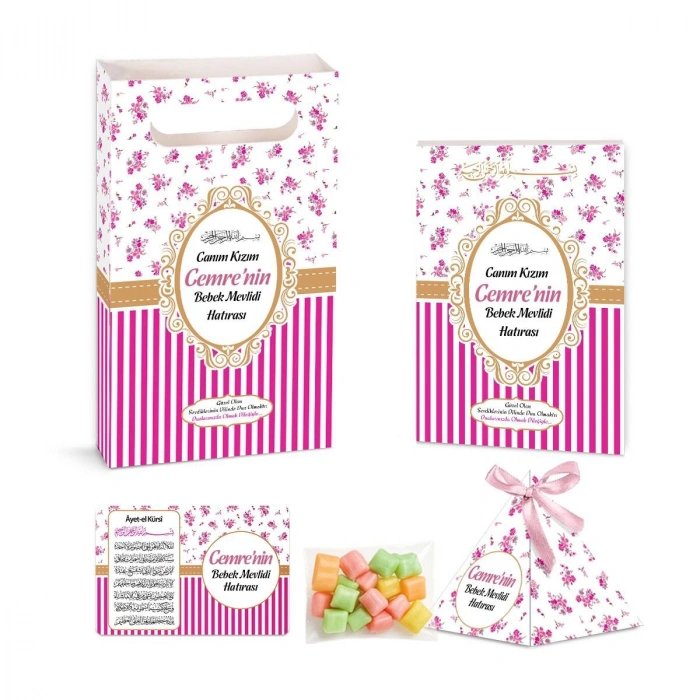 Çizgi Model Pembe Renkli Yasin Kitabı, Piramit Külah, Mevlüt Şekeri, Ayet-el Kürsi Magnet, Karton Çanta