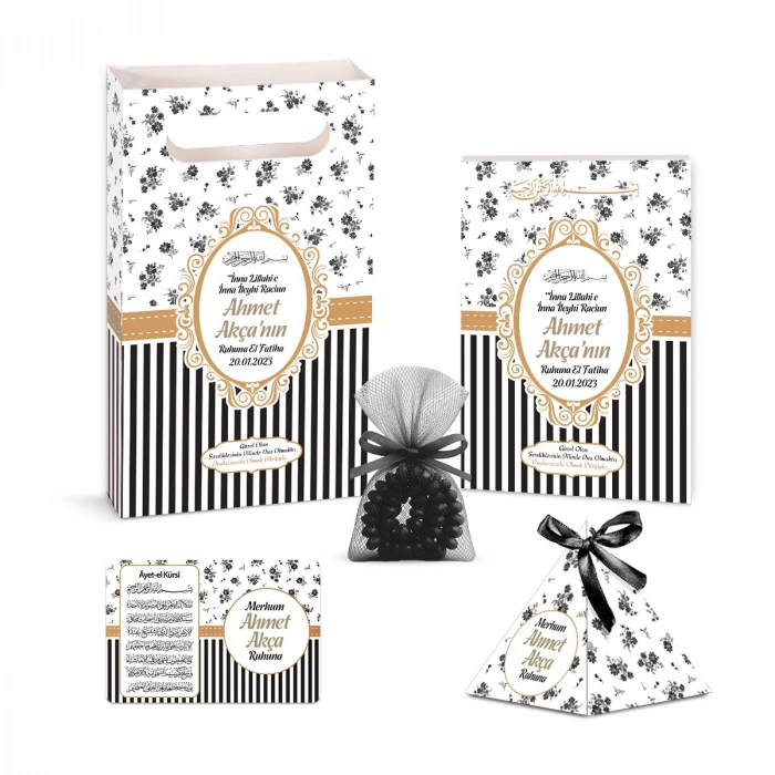 Çizgi Model Siyah Renkli Yasin Kitabı, Piramit Külah, Ayet-el Kürsi Magnet, Karton Çanta ve Tesbih