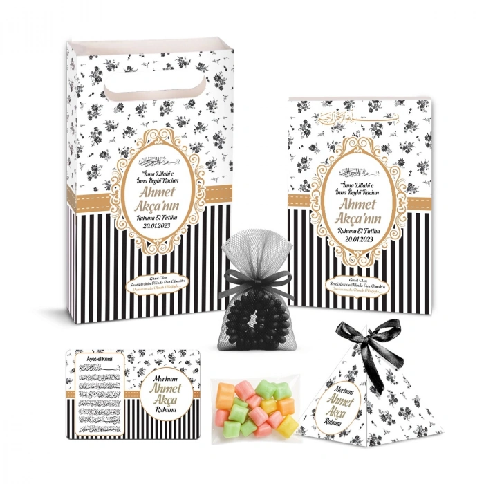 Çizgi Model Siyah Renkli Yasin Kitabı, Piramit Külah, Mevlüt Şekeri, Ayet-el Kürsi Magnet, Karton Çanta ve Tesbih
