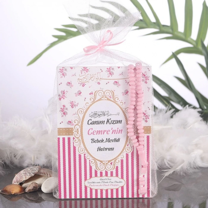 Çizgi Pembe Tül Kese + Yasin + Tesbih