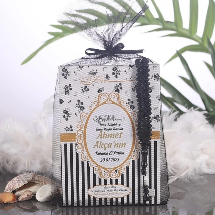 Çizgi Siyah Tül Kese + Yasin + Tesbih